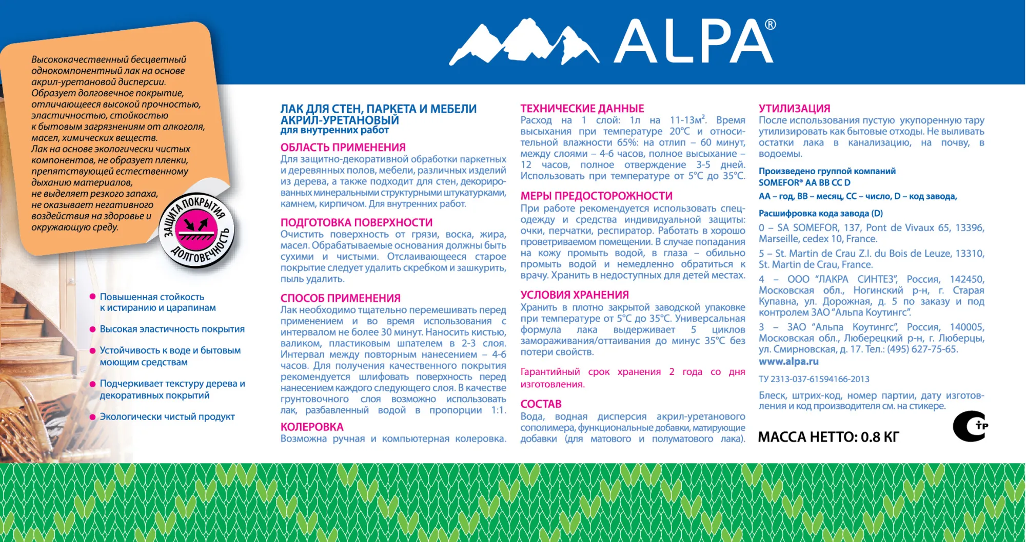 юЛак ALPA акрил-уретановый для стен, паркета и мебели глянцевый 2,5л